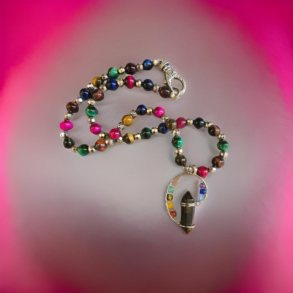 Colorful Chakra w Tiger eye point~ 20 in.  Handmade